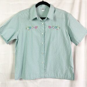 Vintage Green White Gingham Plaid Flower Embroidered Short Sleeve Camp Shirt Lg